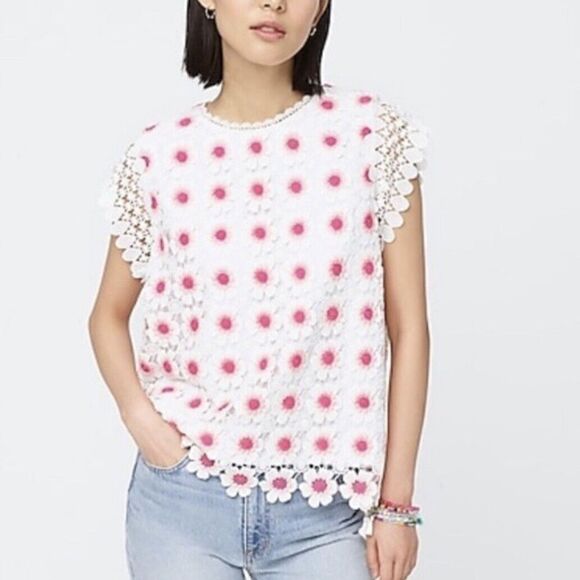J. Crew Tops - NWOT J.Crew Embroidered Lace Pink White Floral Top Blouse Shirt Size SMALL